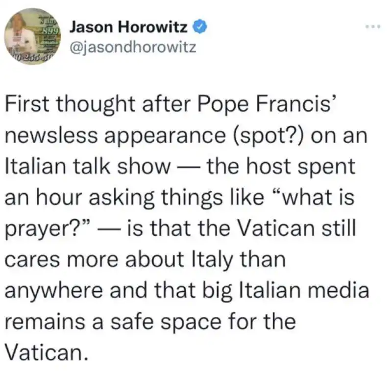 tweet di jason horowitz (new york times) sull intervista di fazio a bergoglio