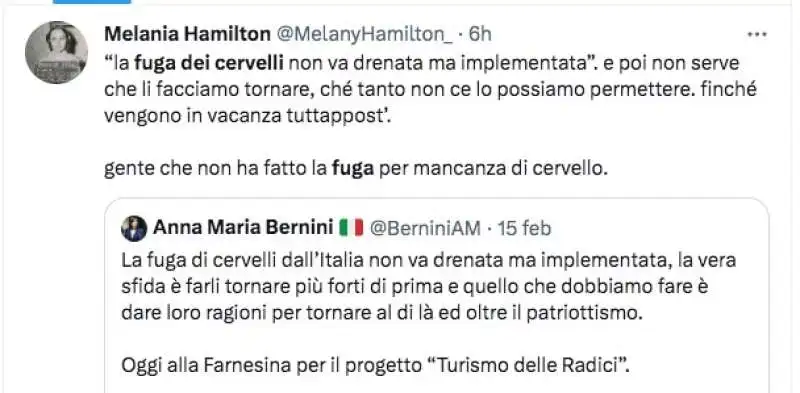 commento al tweet di anna maria bernini sui cervelli in fuga 