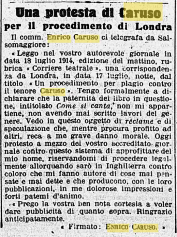 enrico caruso corriere della sera 19 luglio 1910