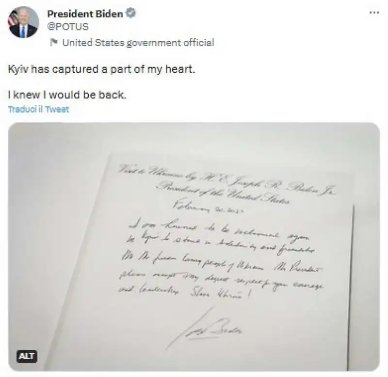 IL MESSAGGIO DI BIDEN SUL LIBRO DEGLI OSPITI DEL PALAZZO PRESIDENZIALE DI KIEV