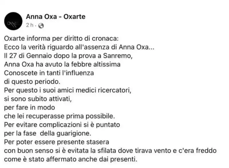 il post di anna oxa dopo la classifica della prima serata di sanremo