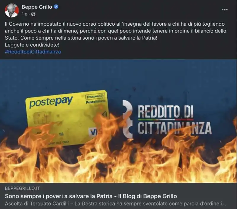 IL POST FACEBOOK DI BEPPE GRILLO SUL REDDITO DI CITTADINANZA