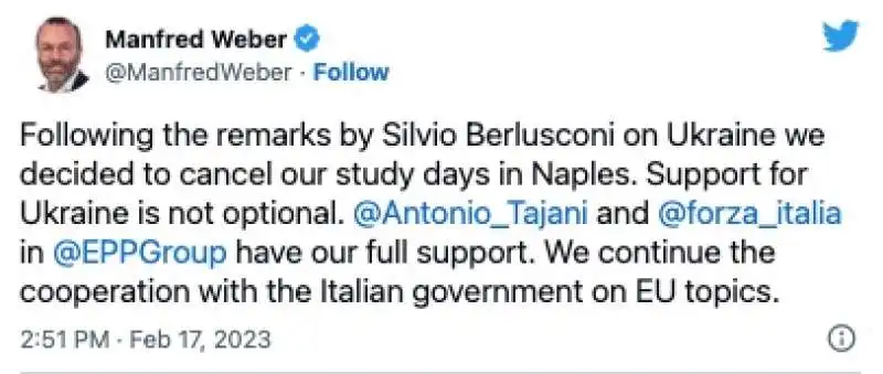 IL TWEET DI MANFRED WEBER CONTRO SILVIO BERLUSCONI 