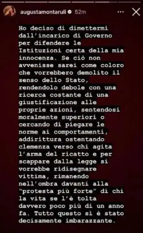 LE DIMISSIONI DI AUGUSTA MONTARULI SU INSTAGRAM