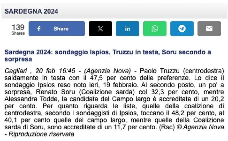 AGENZIA NOVA - SONDAGGIO SULLE REGIONALI IN SARDEGNA