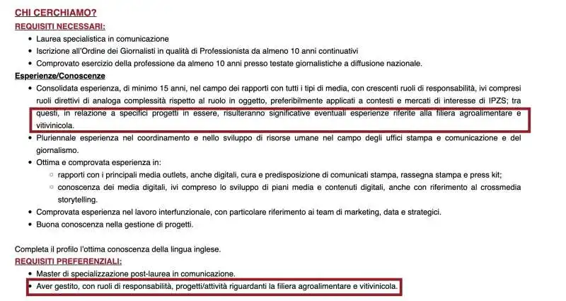 ANNUNCIO PER UFFICIO STAMPA CON RIFERIMENTO ALLA FILIERA AGROALIMENTARE E VITIVINICOLA - POLIGRAFICO E ZECCA DELLO STATO ITALIANO   