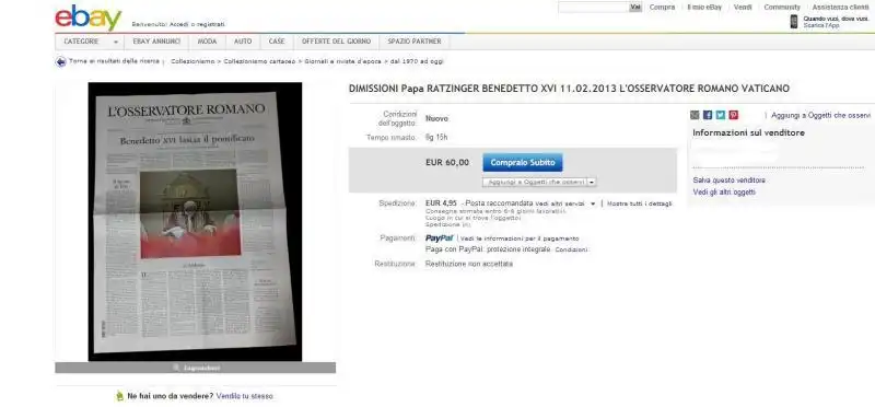 ANNUNCIO EBAY OSSERVATORE ROMANO DIMISSIONI PAPA RATZINGER