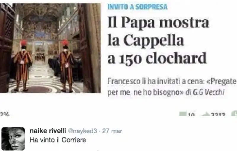 naike rivelli sul titolo del corriere con il papa e i clochard