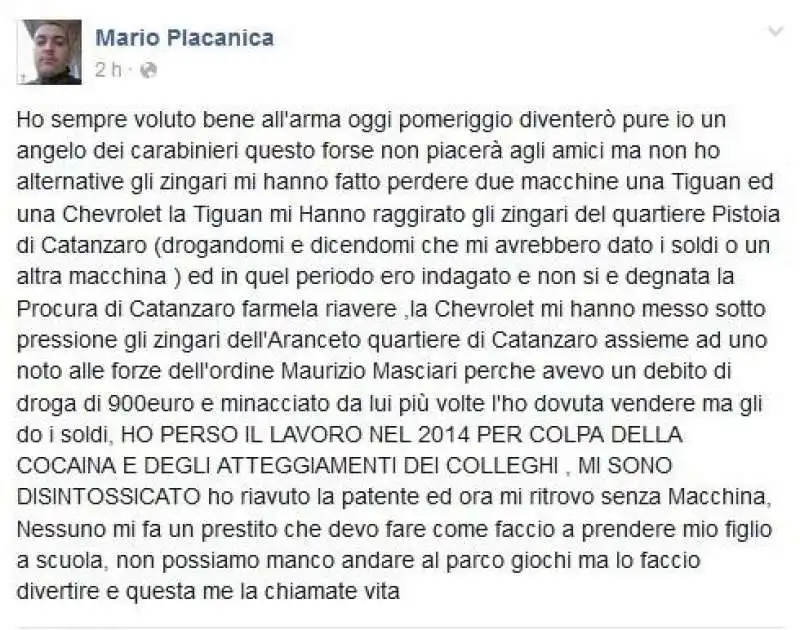 mario placanica i post su facebook