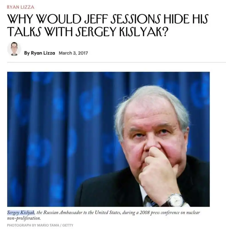 il new yorker su jeff sessions e sergey kislyak con titolo sospettoso