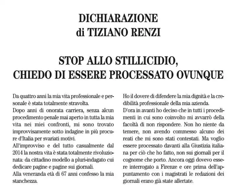 LA DICHIARAZIONE DI TIZIANO RENZI PUBBLICATA SU QUOTIDIANO NAZIONALE