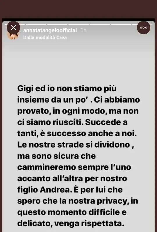 IL POST DI ANNA TATANGELO SULLA FINE DELLA STORIA CON GIGI DALESSIO