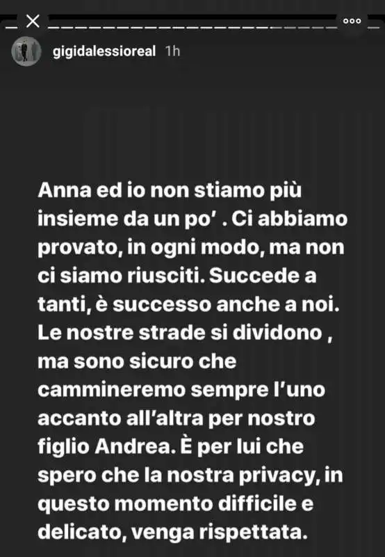 IL POST DI GIGI DALESSIO SULLA FINE DELLA STORIA CON ANNA TATANGELO