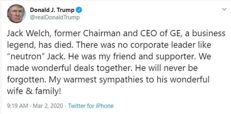 IL TWEET DI TRUMP PER LA MORTE DI JACK WELCH