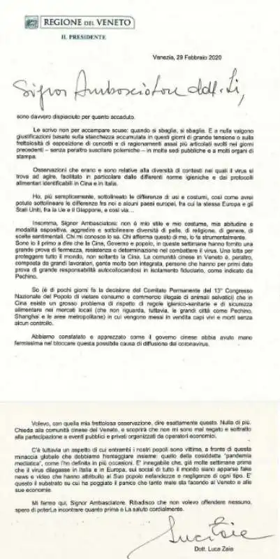 lettere di scuse di zaia all'ambasciatore cinese