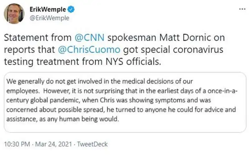 commento del portavoce della cnn sullo scandalo cuomo tamponi