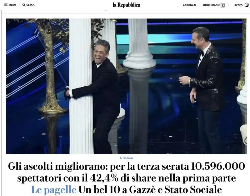 GLI ASCOLTI DELLA TERZA SERATA DI SANREMO SECONDO REPUBBLICA