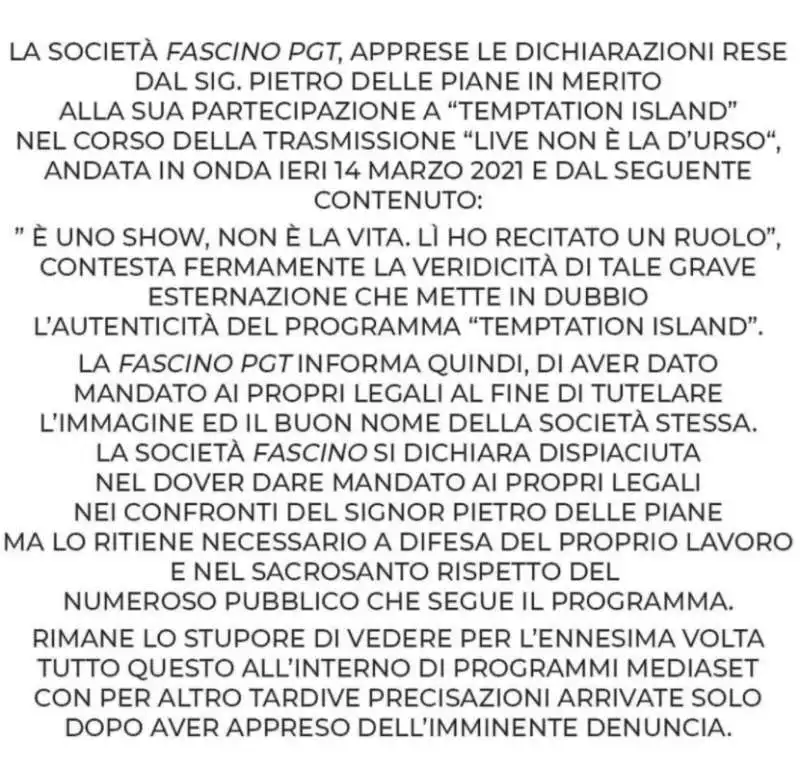 il comunicato di 'fascino' contro pietro delle piane e barbara d'urso