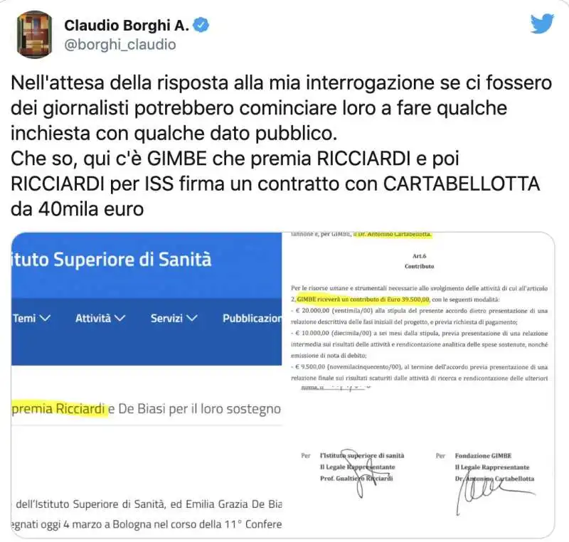 IL TWEET DI CLAUDIO BORGHI SU. CARTABELLOTTA E RICCIARDI