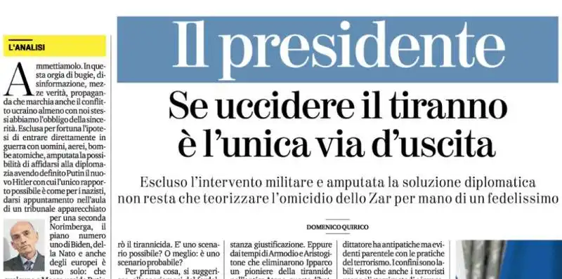 L ARTICOLO DI DOMENICO QUIRICO SULLA STAMPA DEL 22 MARZO 2022 SUL TIRANNICIDIO