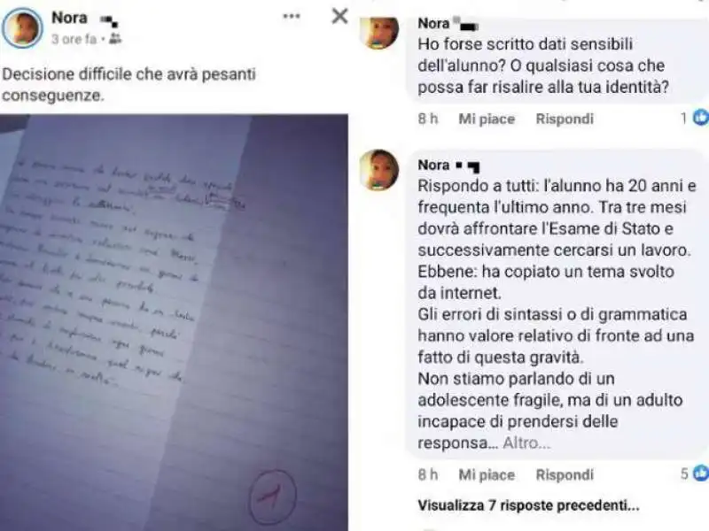 prof pubblica tema del'alunno sui social con voto 1