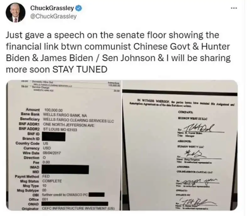 tweet di  chuck grassley  sulle mail di hunter biden 