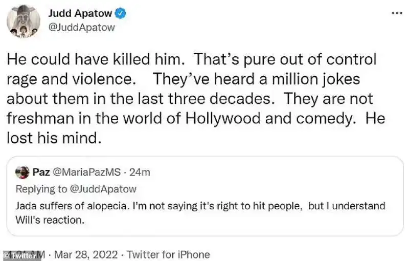 tweet di judd apatow sul pugno di will smith 2