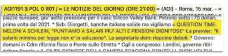 AGENZIA AGI - TITOLO SUL DUELLO MELONI SCHLEIN DOPO LA  CHIAMATA DI SECHI  