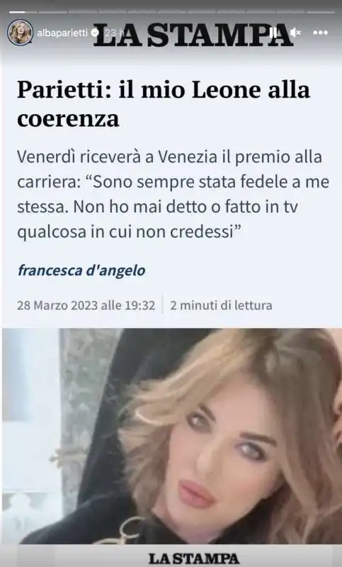 INSTAGRAM STORY DI ALBA PARIETTI SUL LEONE D'ORO ALLA CARRIERA