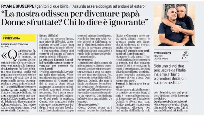 intervista alla stampa della coppia gay che ha avuto un figlio da una madre surrogata negli stati uniti