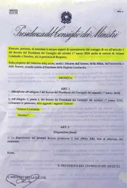 LA BOZZA DI DECRETO PER LA ZONA ROSSA A NEMBRO E ALZANO