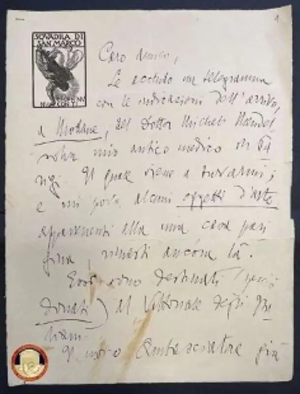 LETTERA DI GABRIELE D ANNUNZIO TRAFUGATA