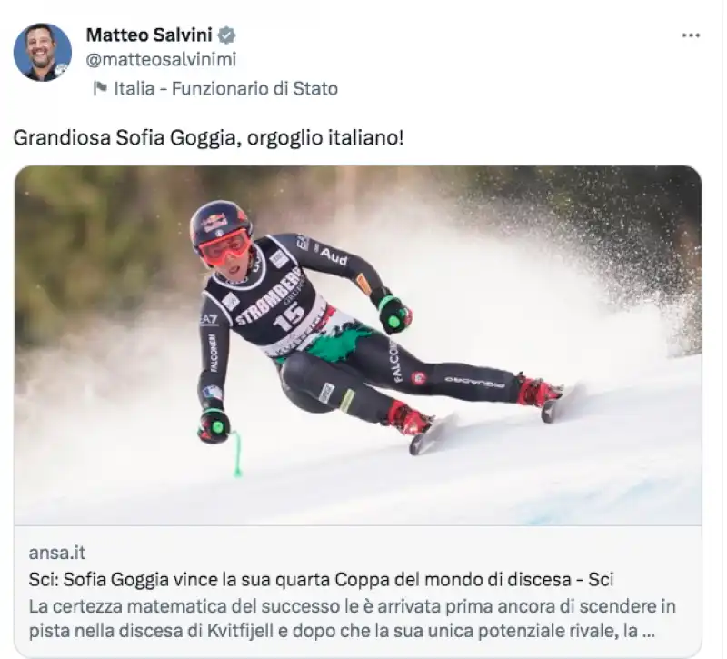 salvini e gli auguri a sofia goggia su twitter