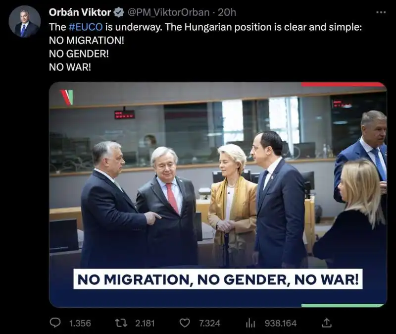 TWEET DI ORBAN DAL CONSIGLIO EUROPEO 