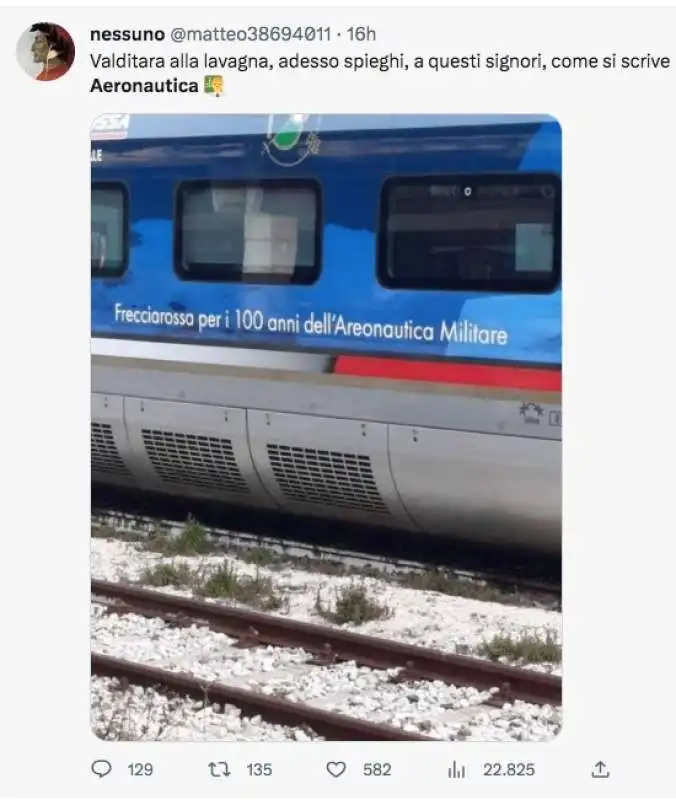 tweet sul frecciarossa per l aeronautica con la scritta sbagliata