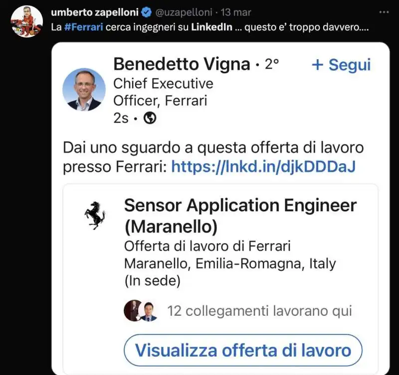 tweet sulla ferrari che cerca ingegneri su linkedin   1