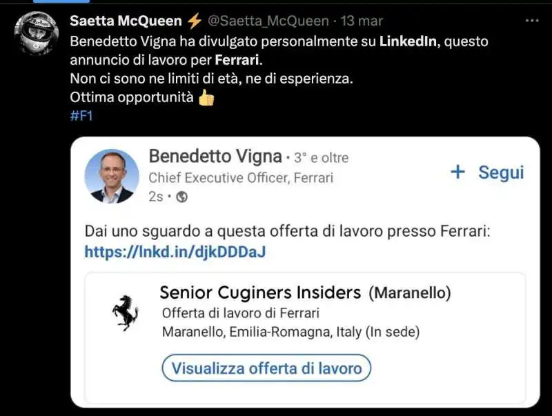 tweet sulla ferrari che cerca ingegneri su linkedin   6