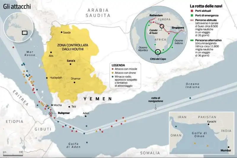 attacchi degli houthi - mappa