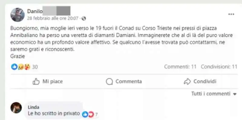 DONNA perde l'anello di diamanti E IL MARITO lo ritrova grazie all’appello su FACEBOOK