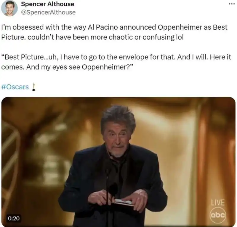 tweet su al pacino agli oscar 2024      