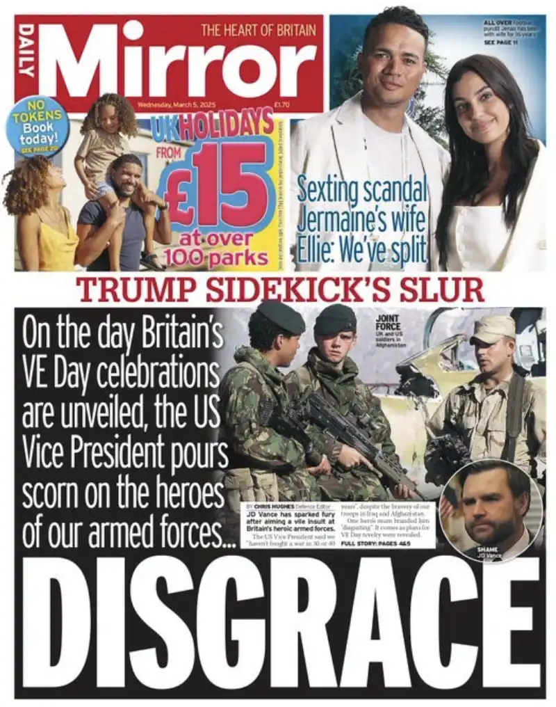 prima pagina del daily mirror contro jd vance 