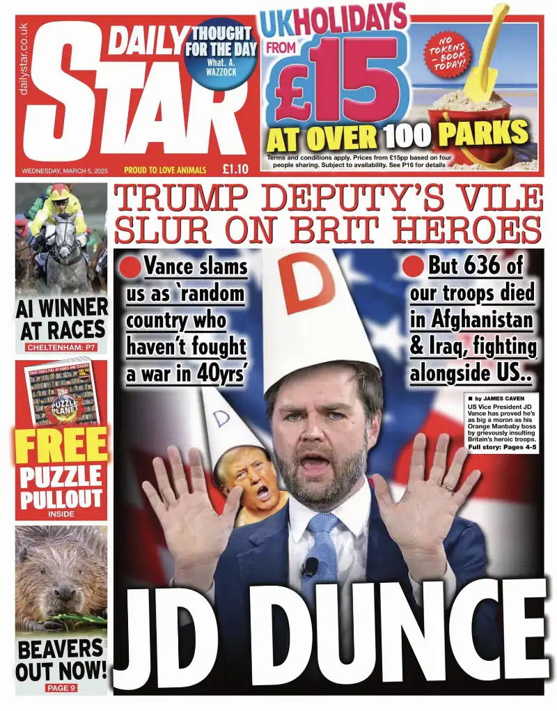 prima pagina del daily star contro jd vance 