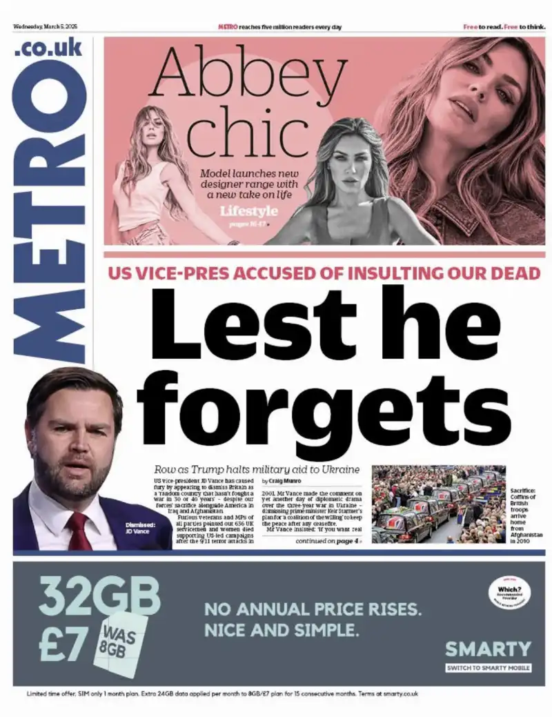 prima pagina di metro contro jd vance 