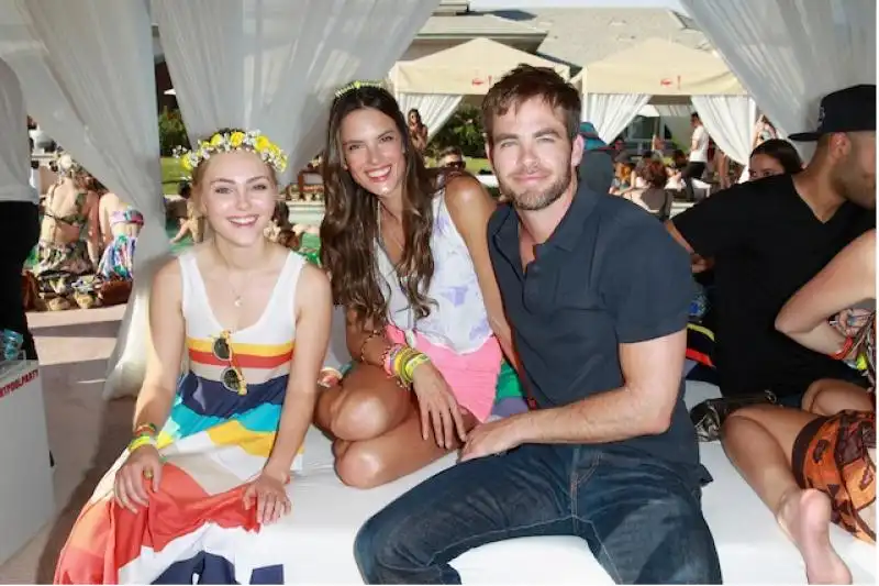 model alessandra ambrosio lounged on lacoste home beach towels in a bungalow with chris pine and carrie diaries actress annasophia robb 