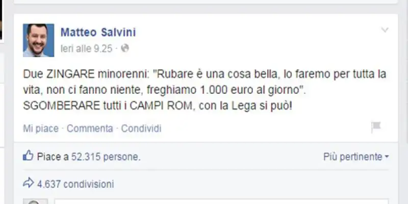 SALVINI E IL POST SUGLI ZINGARI 