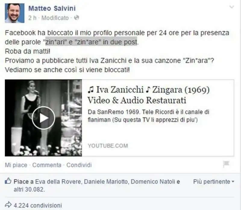 SALVINI E IL POST SUGLI ZINGARI