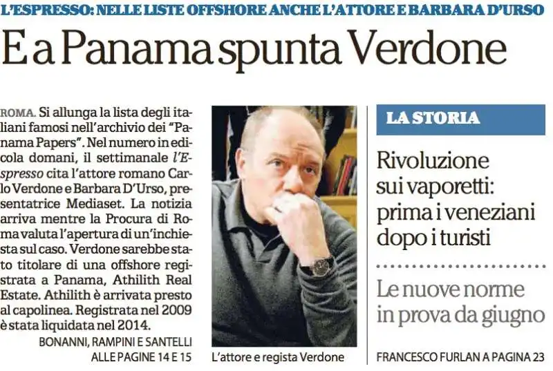 LA PRIMA PAGINA DI REPUBBLICA CON VERDONE CHE 'SPUNTA' A PANAMA