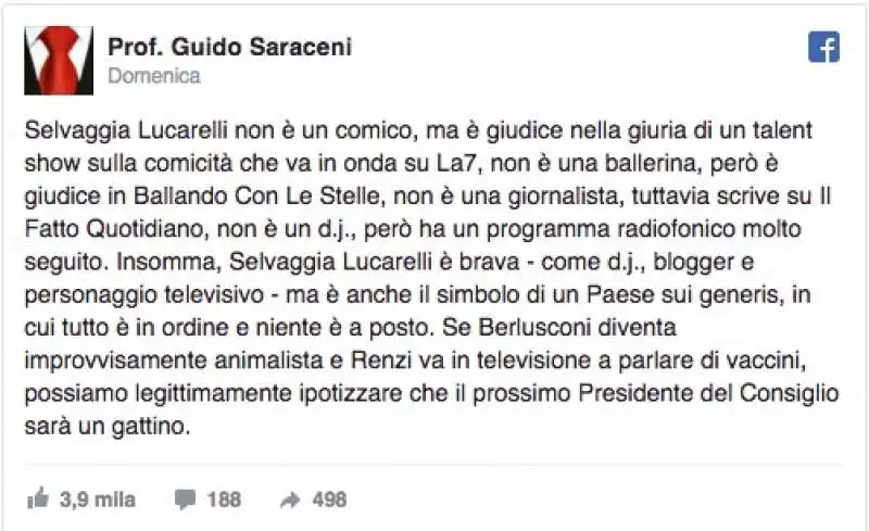 IL POST DI GUIDO SARACENI CONTRO SELVAGGIA LUCARELLI