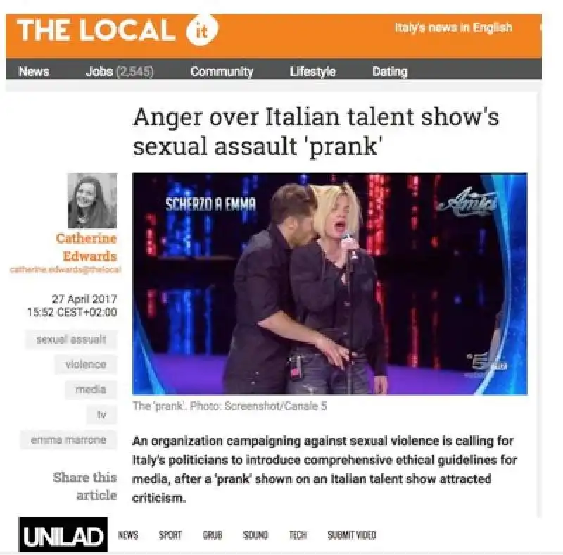 lo scherzo a emma marrone sui giornali stranieri 