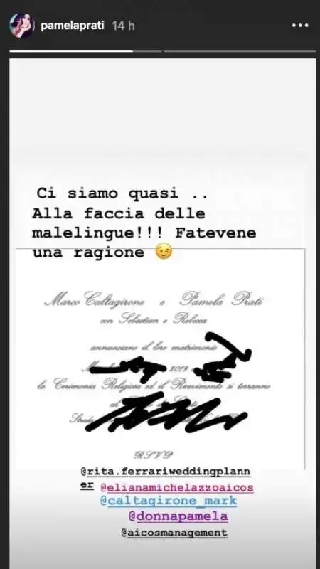 la story di pamela prati sulle nozze con marco caltagirone